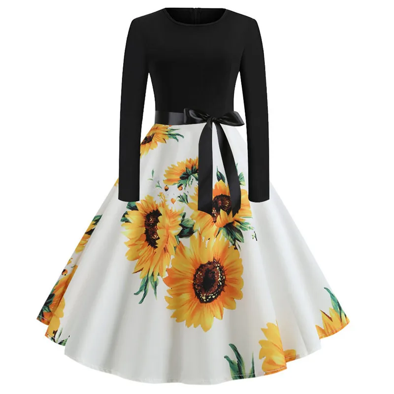 

Elegant European American Autumn Winter Retro Wind Waist Round Neck Sunflower Print Big Dress For Party, Same with pictures