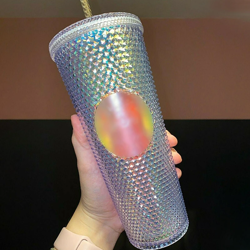 

2021 Matte Studded Reusable Durian Cups 25 oz 710 ml Grid Glitter Plastic Tumbler with Lid and Straw, Plain color or custom gradient color