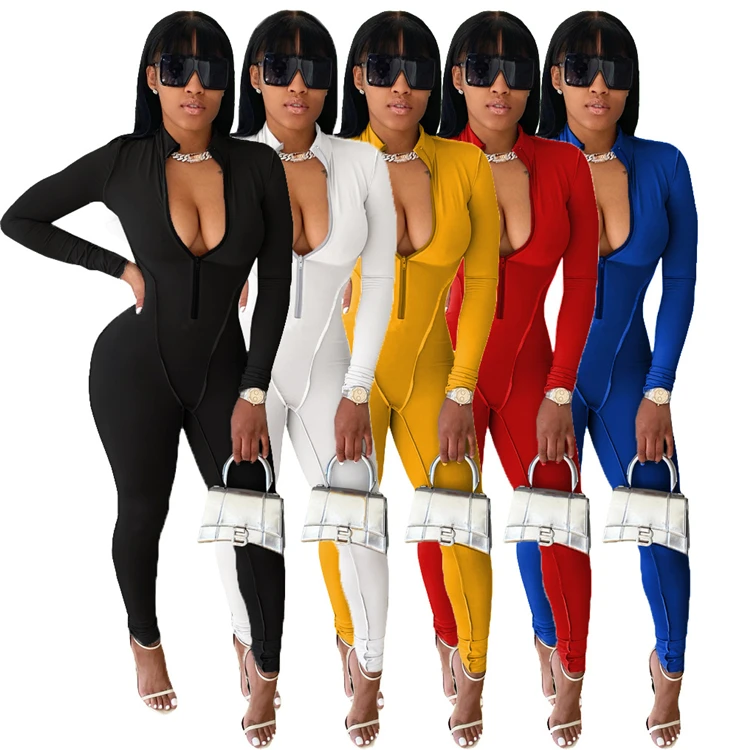 

One Piece Bodycon 2020 Fall Jumpsuit Fitness Zipper Long Sleeve Ladies Jumpsuit Rompers Womens Jumpsuit AL138