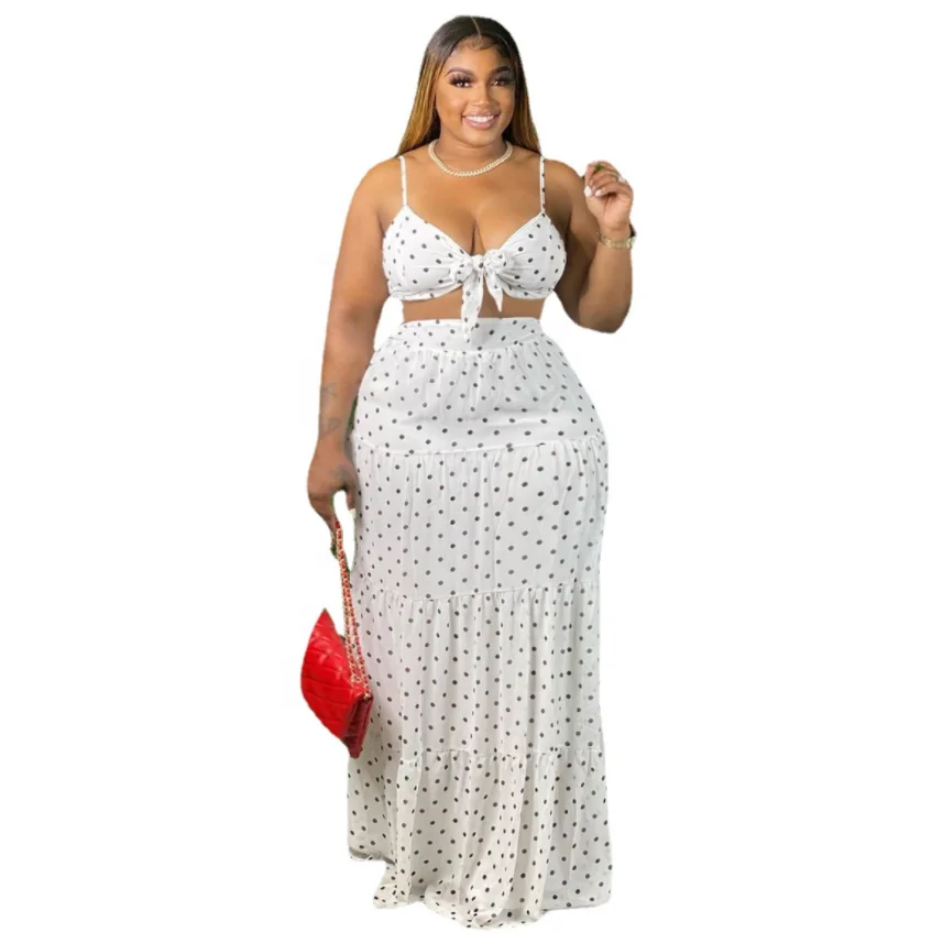 

New Sexy V Neck Dot Plus Size Two Piece Women Dresses Plus Size Two Piece Skirt Set