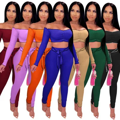 

Women Two Piece Chic Suits Off Shoulder Long Sleeve Crop Top and Skinny Pants Set Sexy Streetwear 2 piece Tracksuit Outfits, Burgundy , light purple , orange , blue , camel , dark green , black