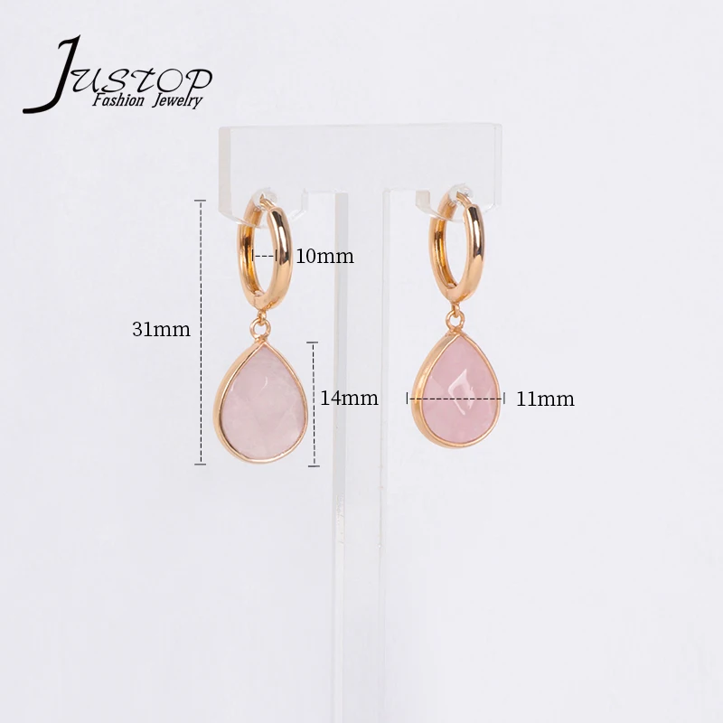 

New Gold Plated Water Drop Shape Natural Pink Stone Hoop Earrings With Rose Quartz