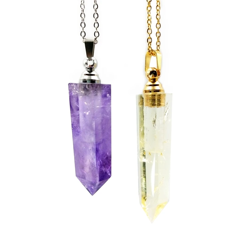 

Natural Amethyst Point Perfume Bottle Pendant Gemstone Diffuser Necklace Clear Citrine Crystal quartz Bullet Bottle Jewelry, Multi