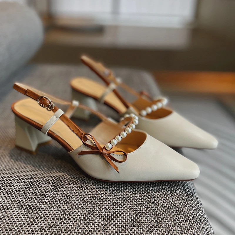 

35-40 New Baotou sandals female fairy style bow thick heel breathable office women's shoes square toe temperament high heels