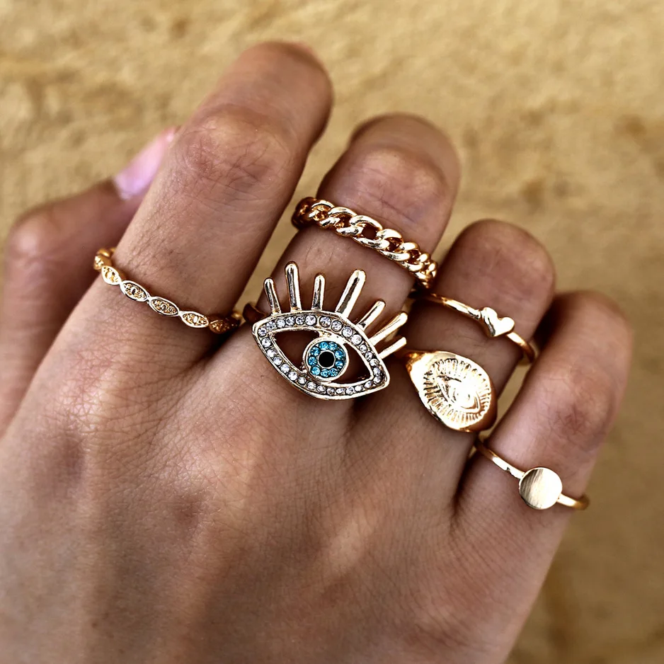 

Popular 6 pcs Gold Plated Eye and Heart Rings Set Mix Chain Ring Jewelry for Women, Silver plated