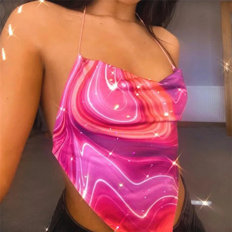 

Woman tops fashionable colorful tie dye crop top backless sleeveless bandage tube top 2021 new women's halter vest cami, Pink/purple/blue