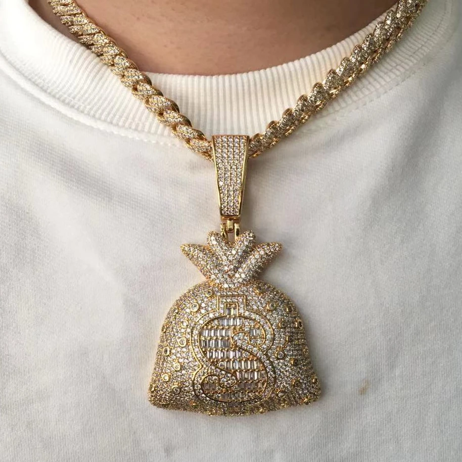 

Hot Sale Iced Out Purse Charms Custom Pendant Hip Hop Jewelry US Dollar Money Bag Men Pendant Necklace with Tennis Chain