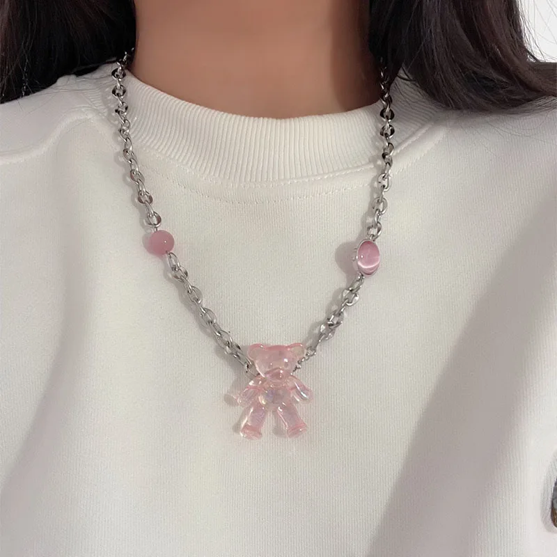 

Vershal B3-144 Korean Style Pink Transparent Crystal Acrylic Bear Pendant Necklace Stainless Steel Necklace