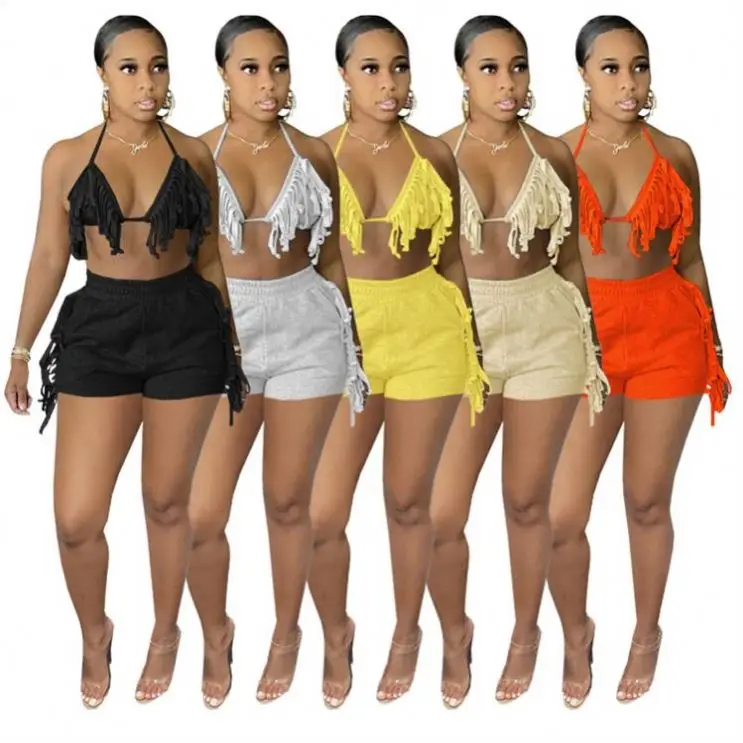 

MISS Fashion 2021 Solid Color Tassels Bra Shorts Summer Beachwear Women Outfits 2 Piece Set Clothing