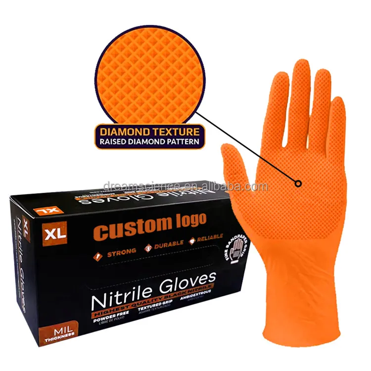 

8 mil heavy durable Diamond Textured industrial nitrile gloves mechanical thick orange Black nitrile gloves