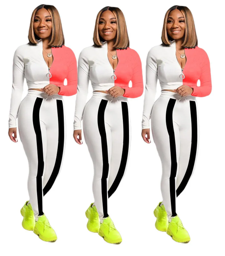 

New women's fashion casual color matching suit long-sleeved tight-fitting sports suit personalized women's clothing wholesale