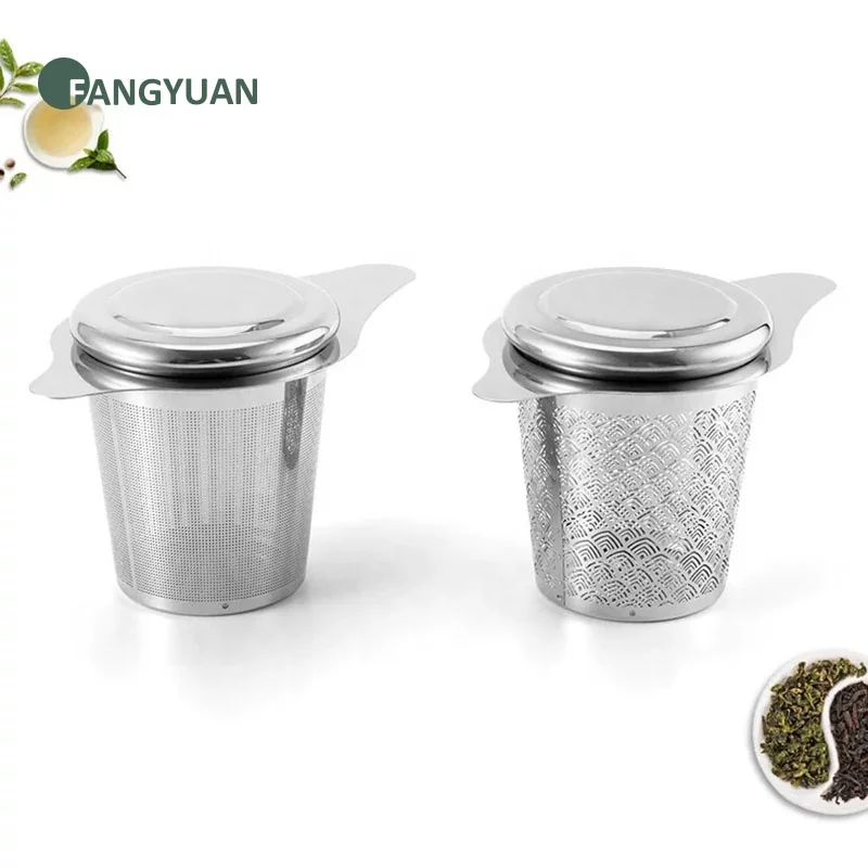 

FANGYUAN bulk portable newest golden stainless steel 304 tea strainer mesh tea infuser steeper with lid for mug and tea pot