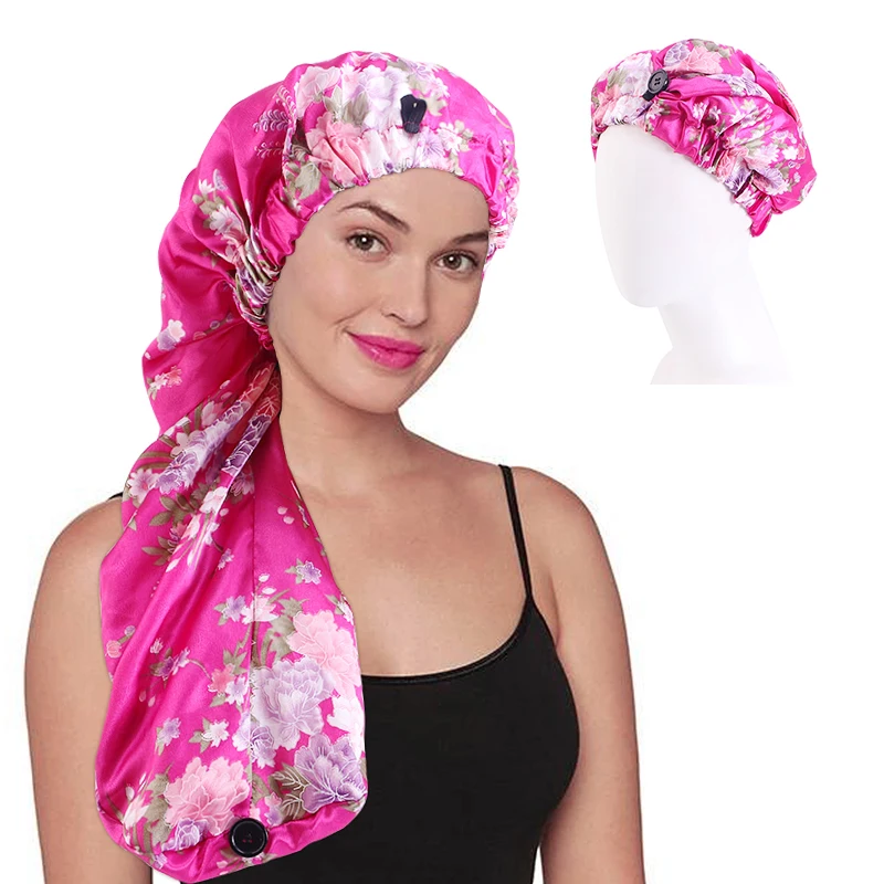 

Printing Braid Fashion Long Hair Bonnet With Snap Long Satin Bonnets Sleep Cap With Adjustable Bottom