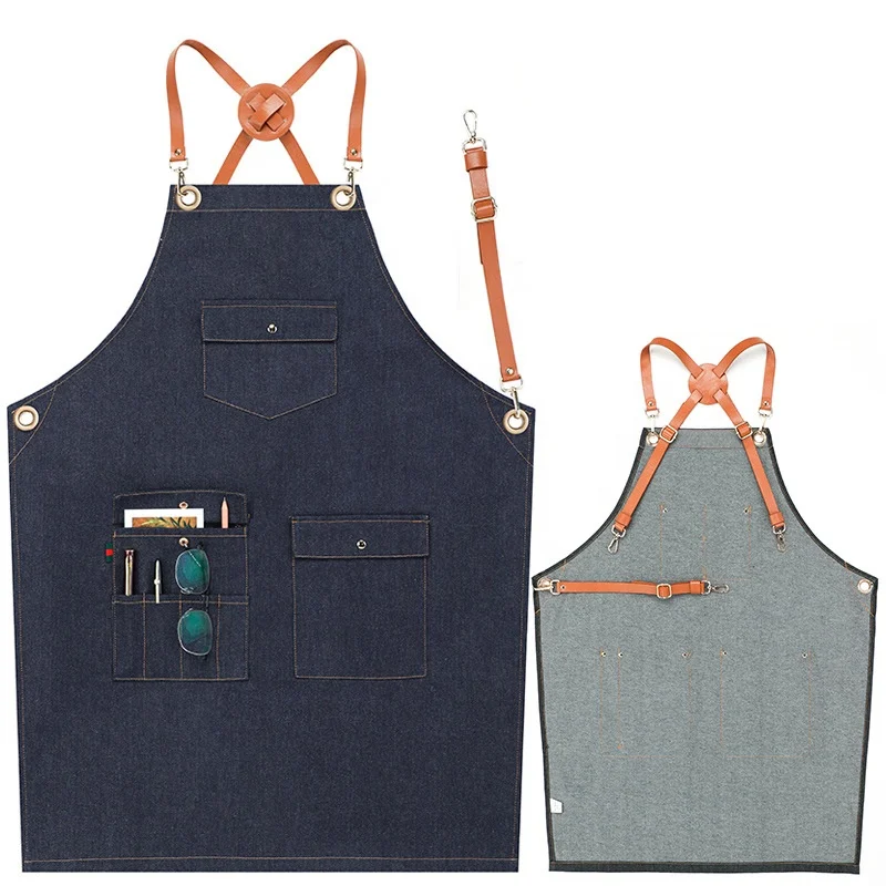 

Wholesale barista cotton leather straps apron bar cafe chef work custom barber denim apron, Blue,grey,black