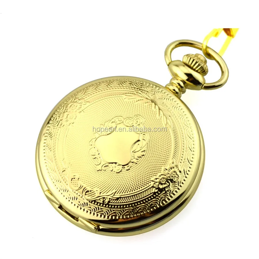 

WAH757 Golden Case Engraved Floral Pattern Roman Numerals Quartz Pocket Watch, Gold