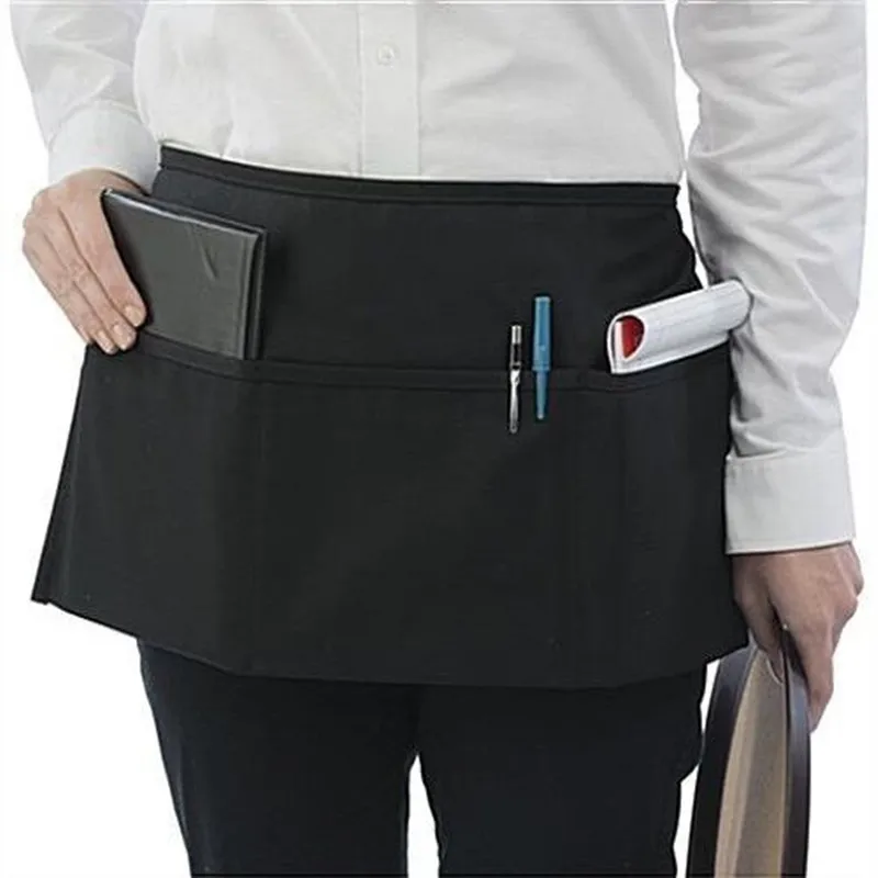 

11.5 Inch 3 Pockets Black Polyester Server Apron Waist Apron For Restaurant Server