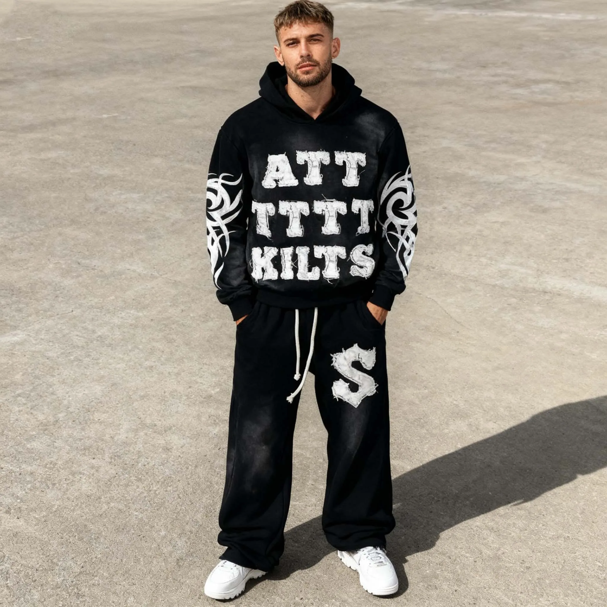 Custom Streetwear Acid Wash Flared Tracksuit Applique Embroidery French Terry Oversized Sweatpants and Hoodie Set