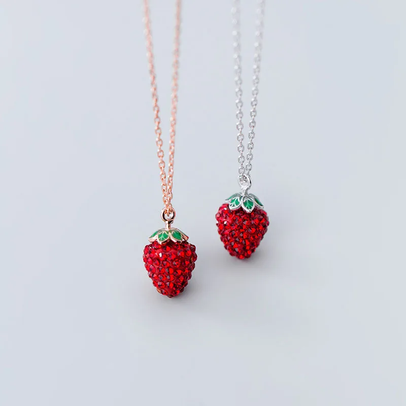 925 Sterling Silver Red Zircon Strawberry Fruit Pendant Necklaces for  Women Wholesale Jewelry