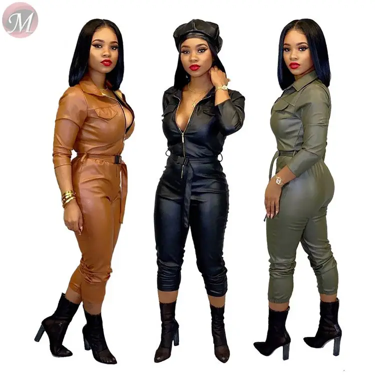9101227 casual zipper front belt leather full length Solid Sexy Bodycon Women Jumpsuits And Rompers