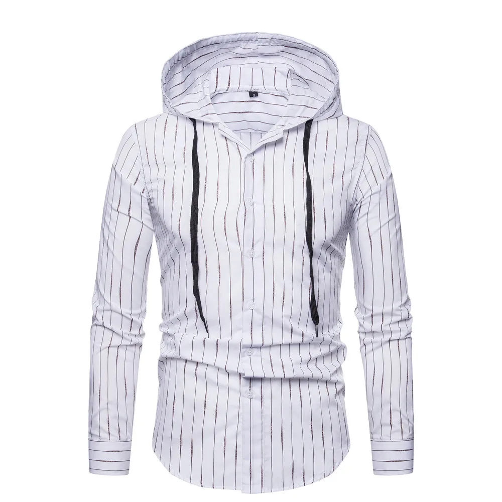 

British Style Men's Casual Striped Shirt Cotton Hooded Long Sleeve Dress Shirts Male Social Shirt