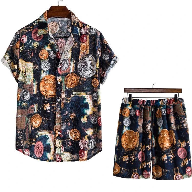 

Wholesale Hot Sale Summer All Over Print New Hawaiian Beach Wear Mens Shirts and Shorts Set in Plus Size, As pics print