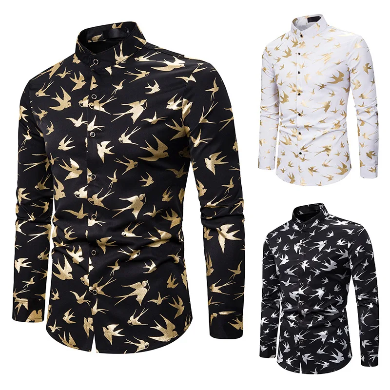 

2021 foreign trade new men's long sleeve casual shirt men's slim print social trend men's wholesale, Custom color
