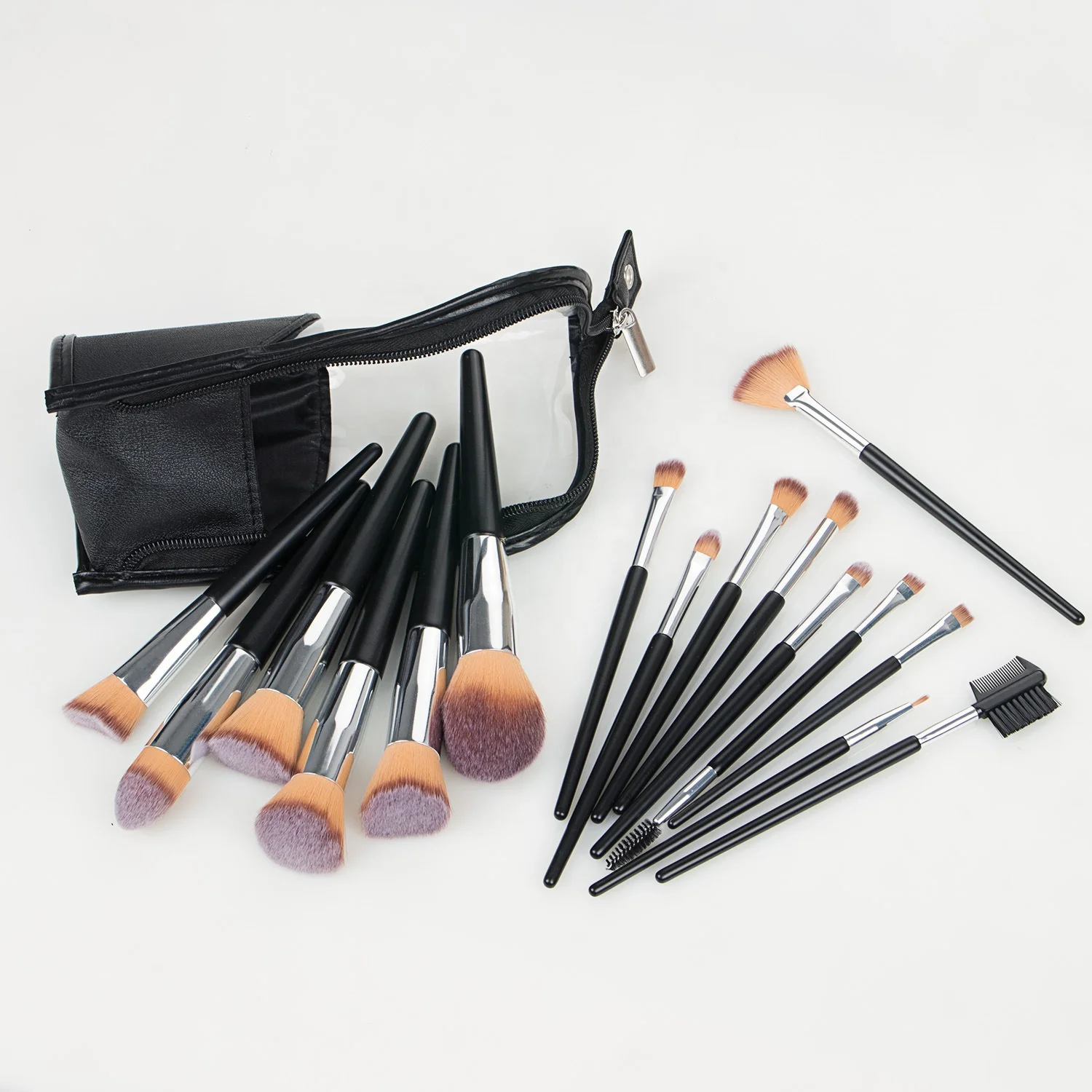 

Private Label 16PCS Classic Black Makeup Brush Kit Foundation Eyeshadow Makeup Brush Puff Set PU Bag Vegan Makeup Brush