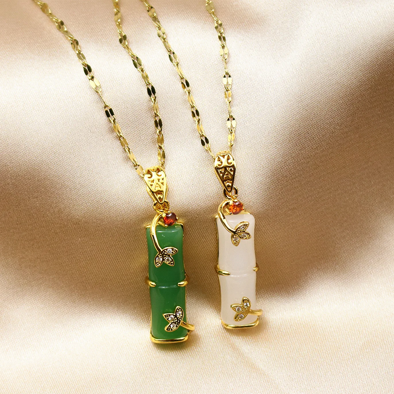 18K Gold Plated Stainless Steel Necklace Jewelry Long Bamboo Shape Green Jade Pendant Necklace