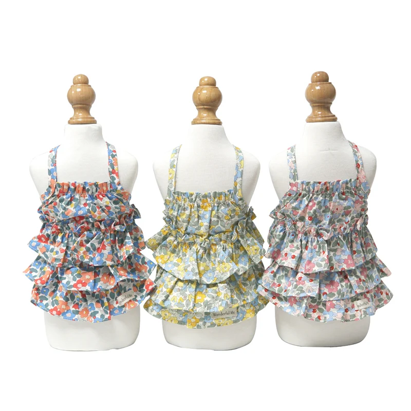 

High Quality Pet Dog Clothes Fashion Floral Three-layer Puffy Skirt 100%Cotton Pets Clothing Dogs Dress For Summer, Orange yellow pink