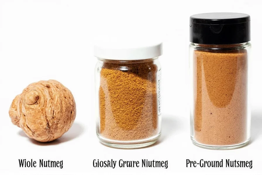 Comparison of whole nutmeg, freshly grated nutmeg, and pre-ground nutmeg in spice jars showing color and texture differences