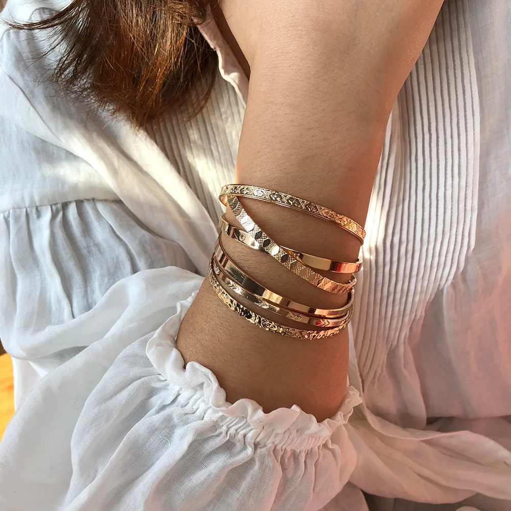 

Trendy Pattern engraving Layering openning Gold plated Bracelets, Picture shows