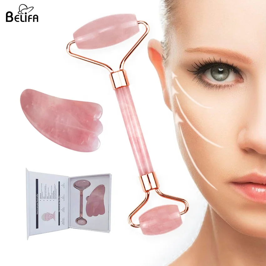 

rose original natural real quartz jade roller scraping plate board facial massage jade roller gua sha stone box set