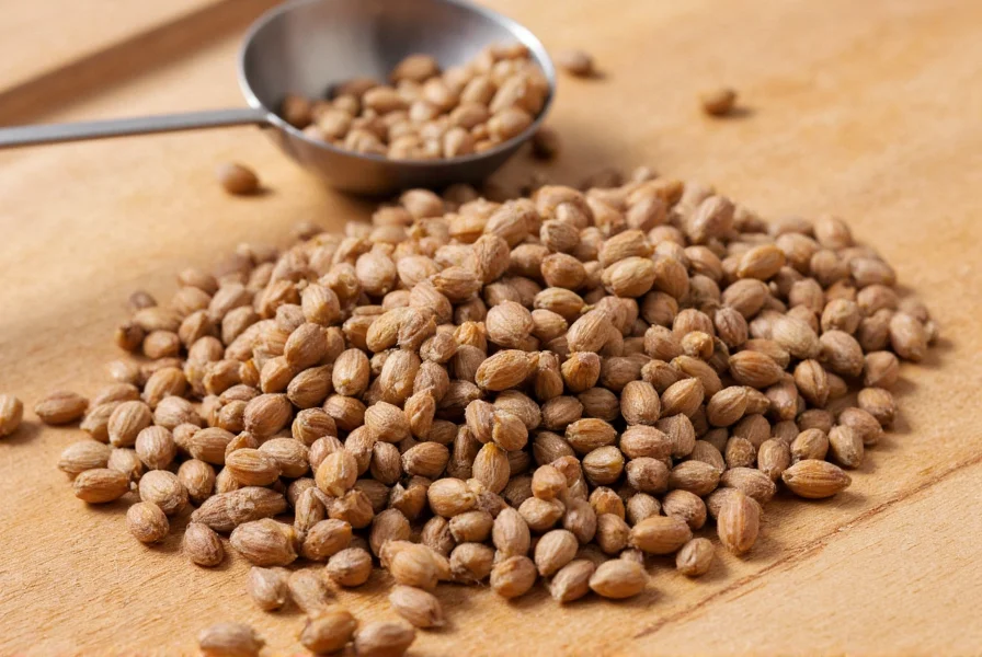 Close-up photograph of caraway seeds showing their distinctive crescent shape, brown color, and fine ridges, arranged on a wooden cutting board with a measuring spoon for scale