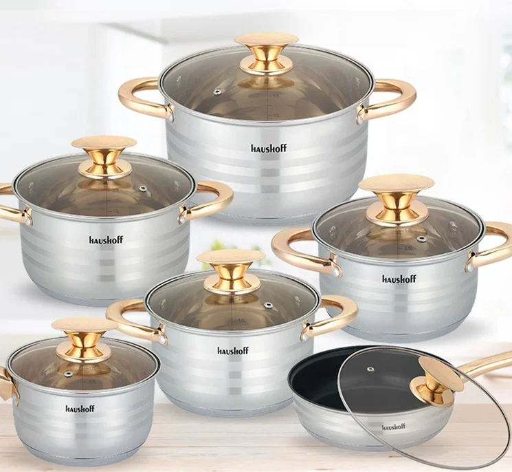 

12pcs kitchen pot and non stick pans cooking casserolle stainless steel cookware set, Silver