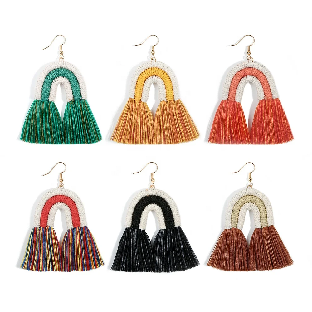 

Birthday Party Gift Women Girls Jewelry Colorful Rainbow Woven Layered Tassel Earrings Bohemian Pendant Earring