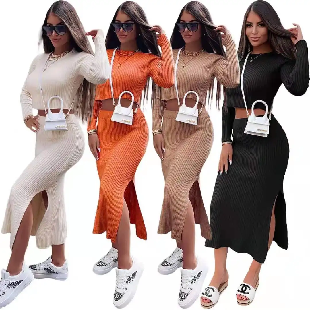 

New Arrival Trendy Dresses 2021 Women Winter Clothes Knitted Pullover Split Skirt Suit Set Sweater Skirt Set