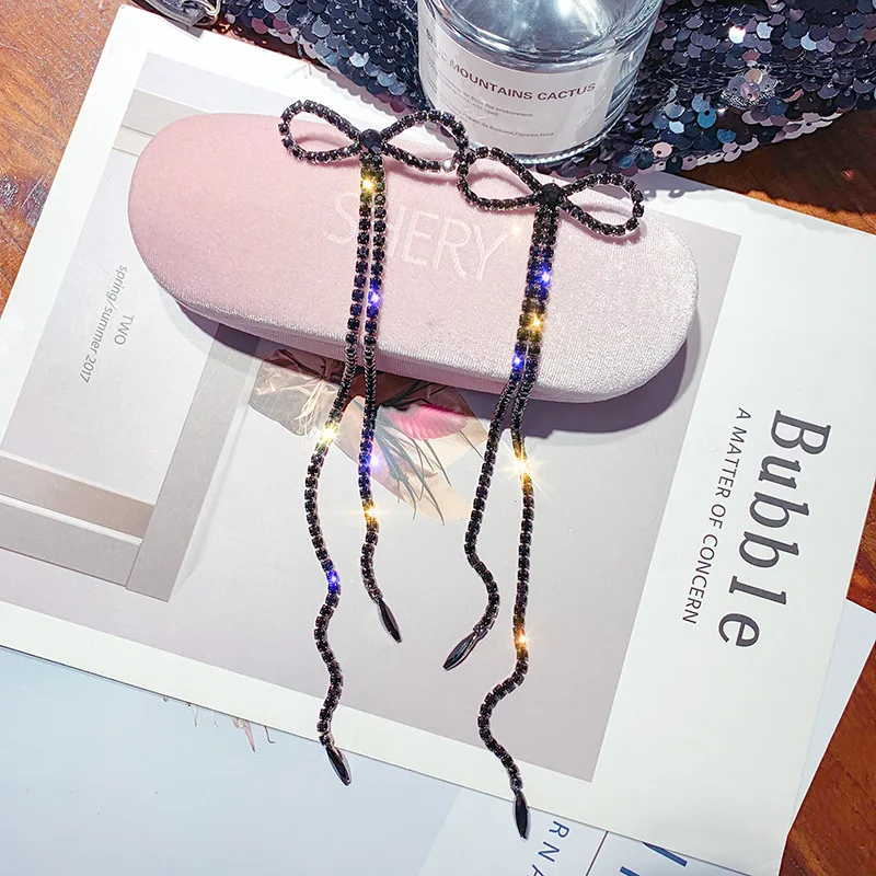 

24.4cm super long black bow earring rhinestone