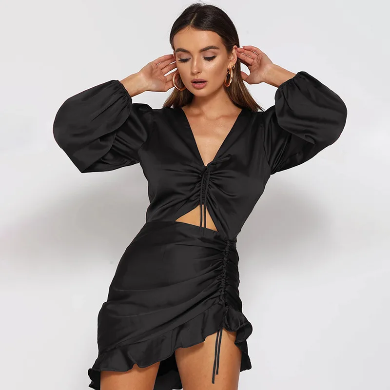 

Sexy Ladies Dresses Women Hollow Out Ruffle Mini Dress Club Wear Women Lady Elegant Casual Dresses, 2 colors