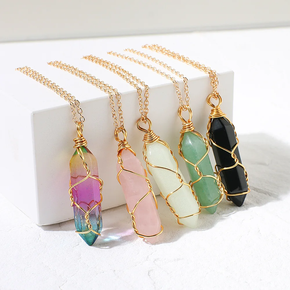 

Simple Vintage Transparent Multicolor Crystal Pendant Necklace Unique Gold Thread Wrap Hexagonal Column Natural Stone Necklace