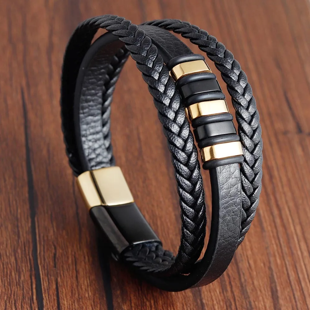 

New Style Hand Woven Multi-layer Combination Accessory Men's Turkish Cord Bracelet Steel and Leather, Picture