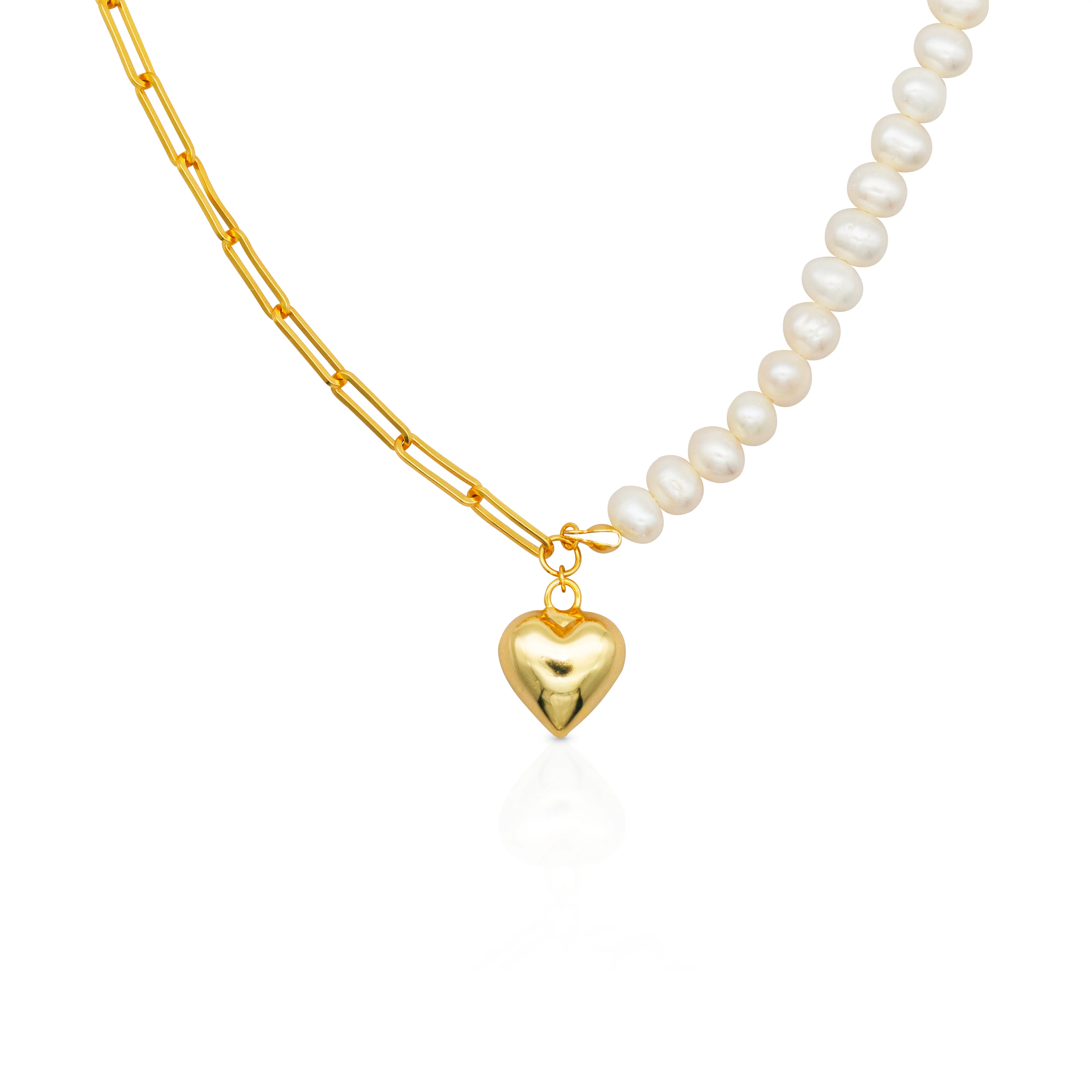 

Chris April 925 sterling silver gold plated 18k gold pearl and link heart chain necklace for women