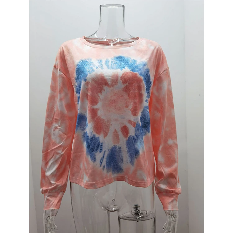 

WW-0196 To Dye Printing Round Neck Long Sleeve Fleece T-shirts Women Crew Neck T-shirt Long Sleeves Graphic Tshirt Tie Dye Tops, Customized color