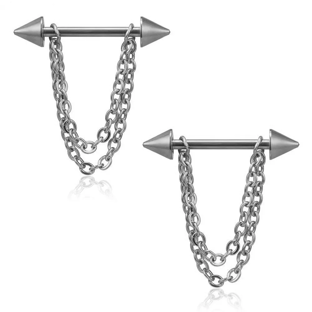 

YICAI 1pcs Double Chain Cone Chest Jewlery For Women Barbell Tassel 316 Stainless Steel Nipple Piercings Jewelry, Silver/black