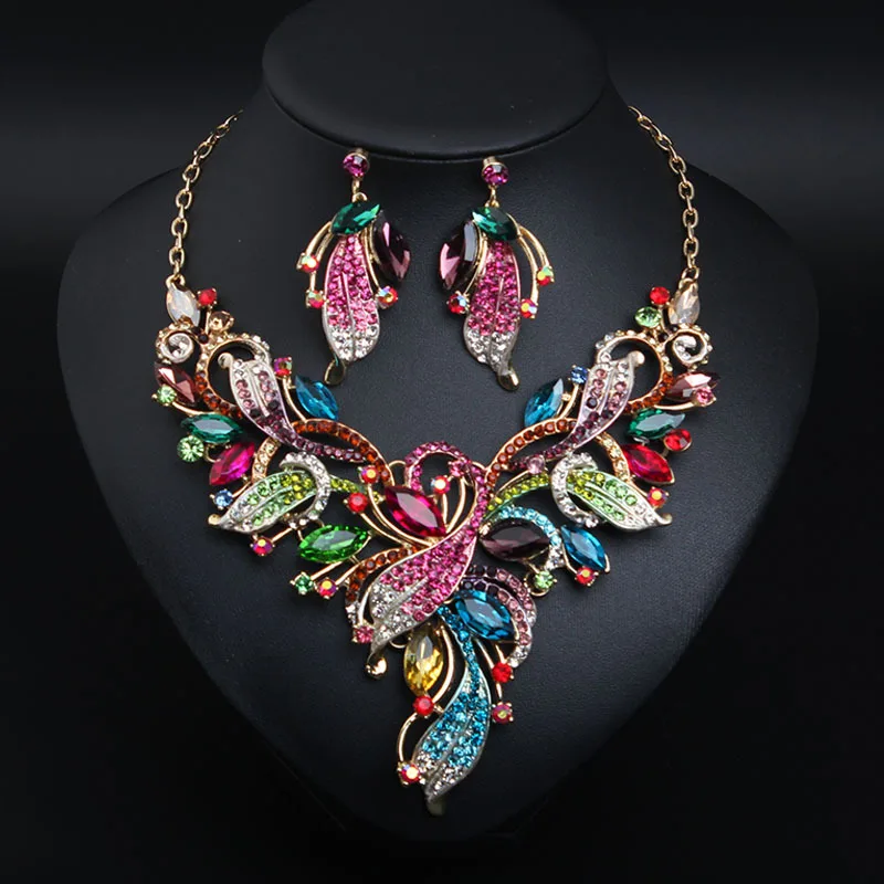 

XL175 New Design Luxurious rhinestones flower jewelry set Women flower crystal necklace earrings set for wedding