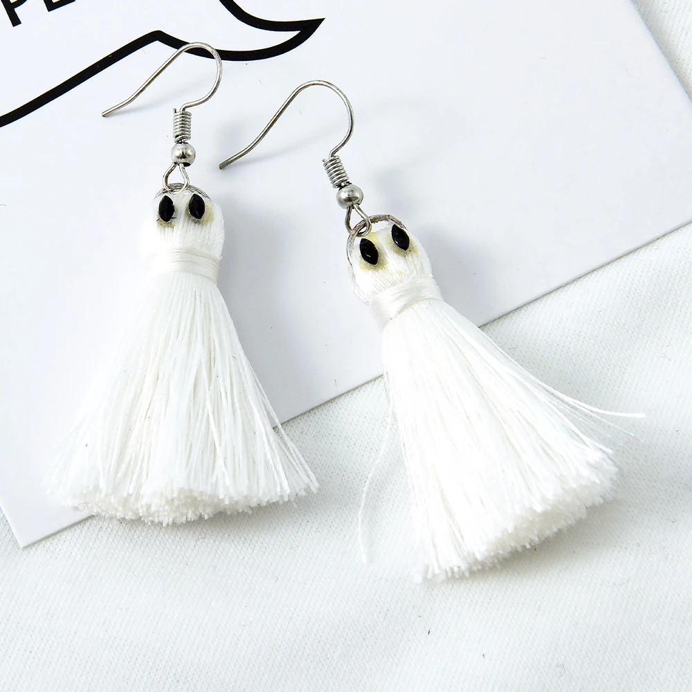 

Veijer Cute Handmade White Specter Happy Halloween Ghost Tassel Drop Earrings For Women