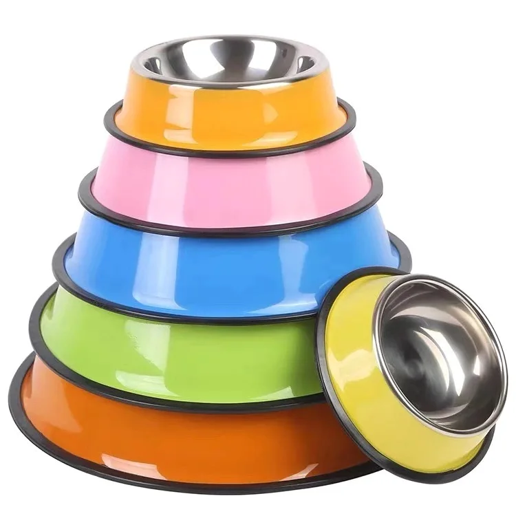 

Custom logo color Stainless Steel dog Food Bowls Pet Bowl with anti-slip Rubber Base food or water bowls, Multicolor