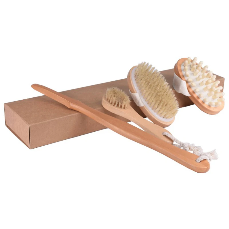 

3pcs Set Eco Friendly Natural Bristle Long Handle Bath Brush Set Detachable Design Massage Body Care Brush, Natural & colorful