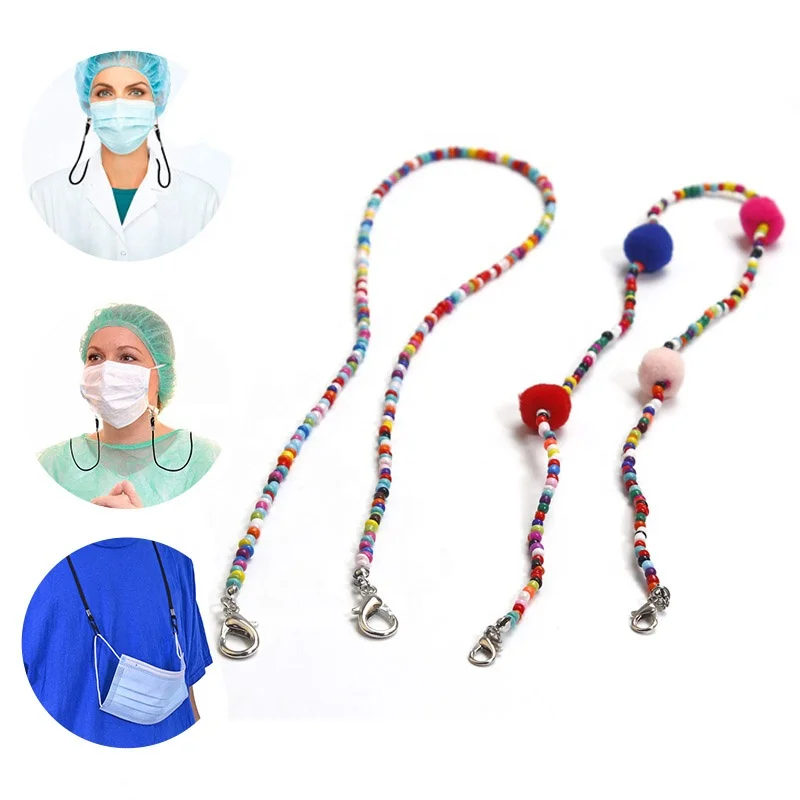 

Seed Beads Pom Pom Facemask Lanyard versatility Anti Lost Face Cover Protection Holder Strap Necklace Children Back to School