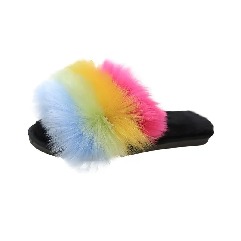 

Autumn Outdoor Ladies Designer Flat Slippers Anti Slip Colorful Fur Slipper, As picture