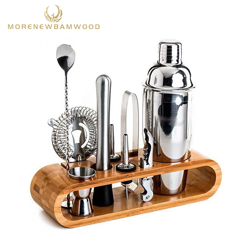 

Factory outlet stainless steel cocktail shaker set with bamboo support.cocktail shaker